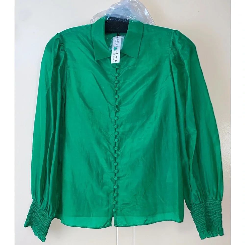 Alice + Olivia Joey Emerald Green Button Front Silk Blend Smocked Blouse - Picture 7 of 15